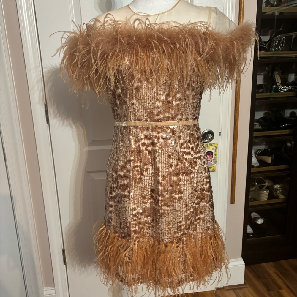 ANTONIO MELANI Feathered Sequin Dress in Brown and Tan